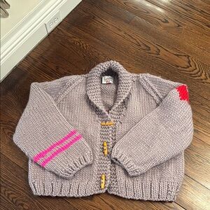 Louis  Lavender Knit Kids Cardigan with Pink Stripes and Red Elbow